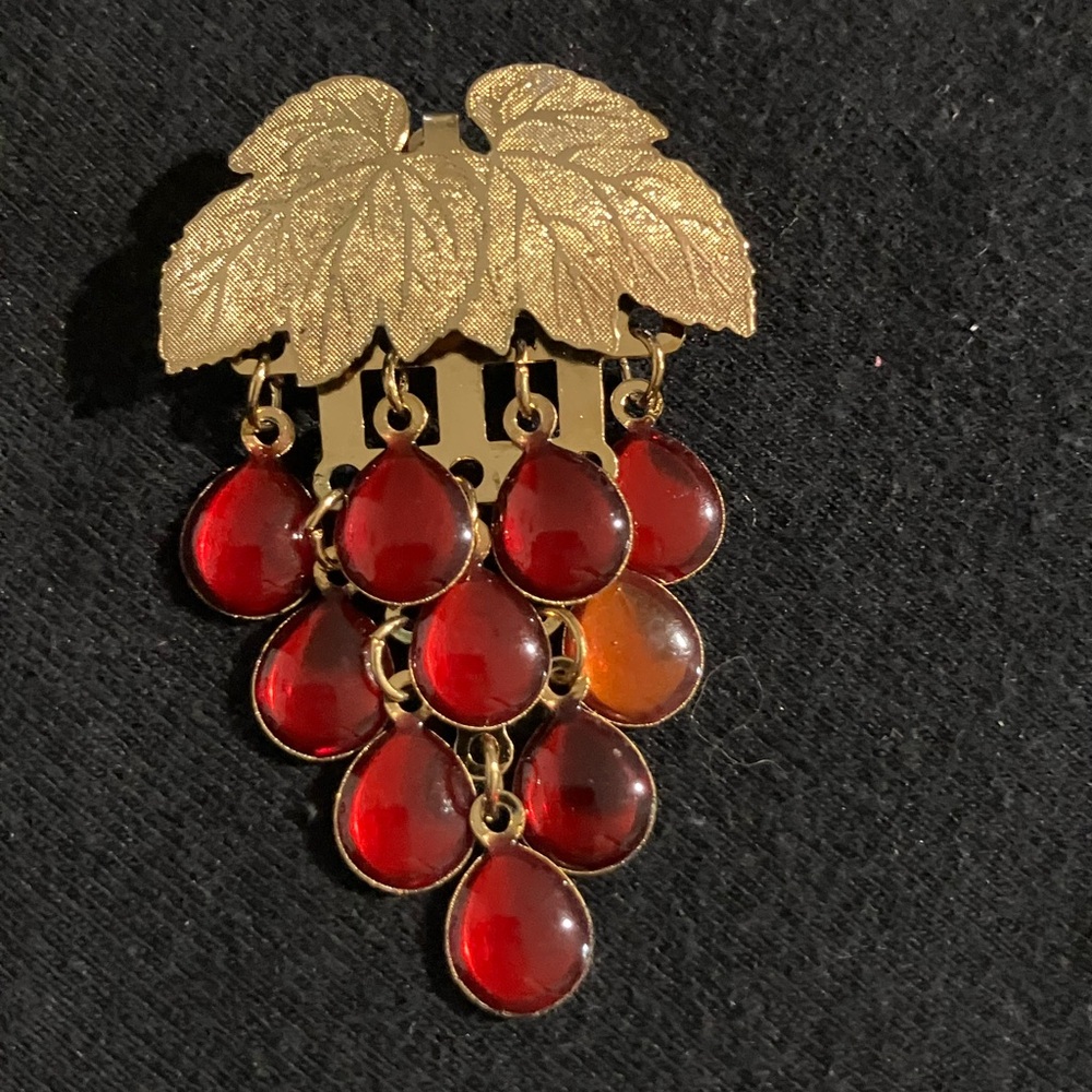 Vintage Gold and Red Grape Cluster Brooch or Pendant